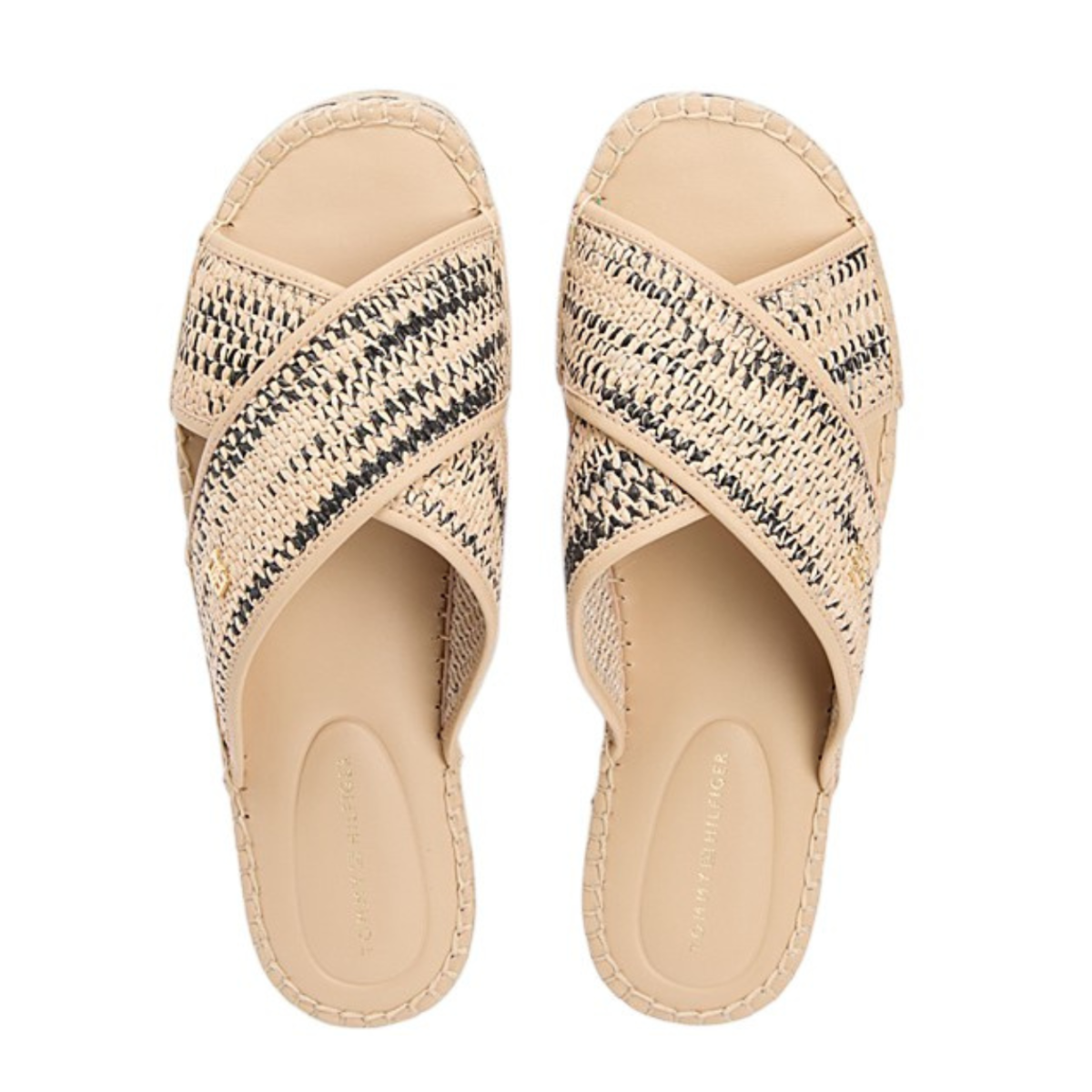 Tommy Hilfiger Beige Woven Cross-Strap Slide Sandals.
