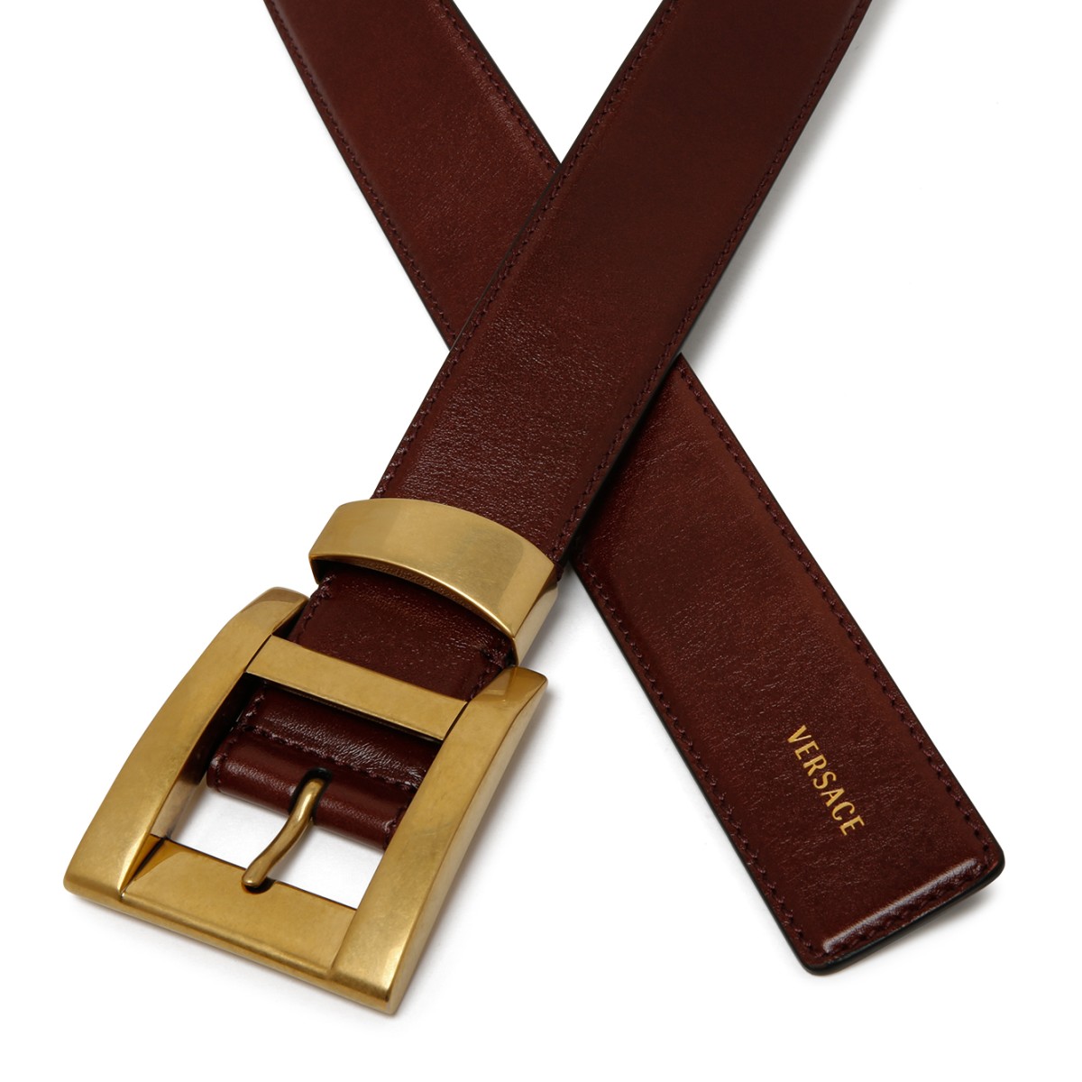 Versace Burgundy Leather Belt with Gold Medusa Buckle.