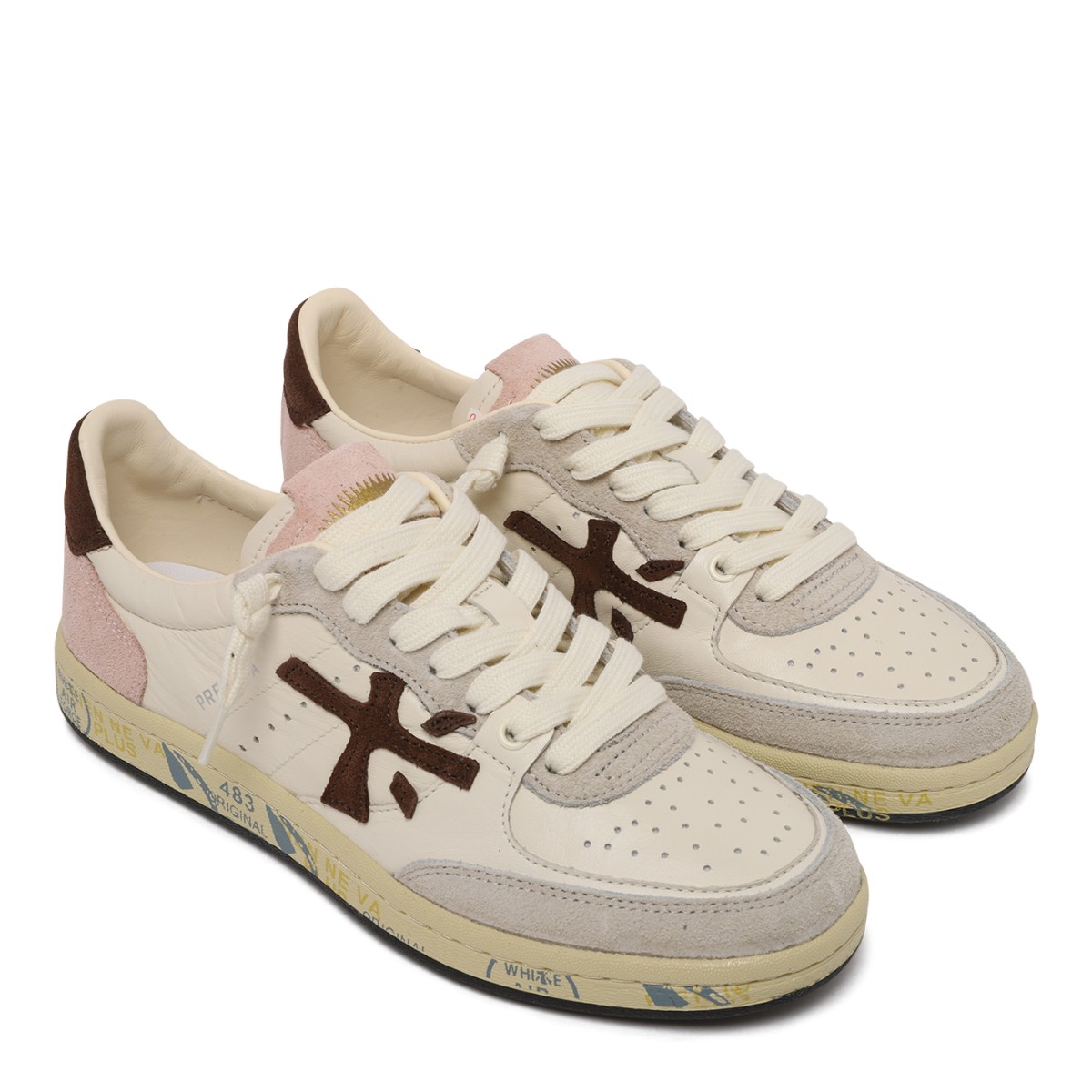Premiata White Leather Sneakers with Contrast Suede Details.