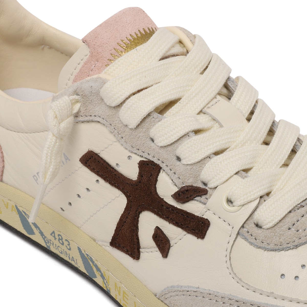 Premiata White Leather Sneakers with Contrast Suede Details.