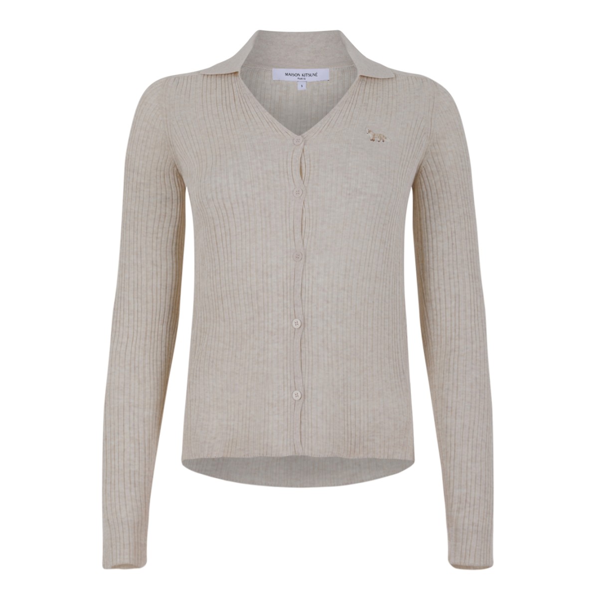 Maison Kitsun Beige Knit Cardigan with Fox Embroidery.