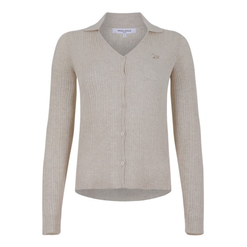 Maison Kitsun Beige Knit Cardigan with Fox Embroidery.