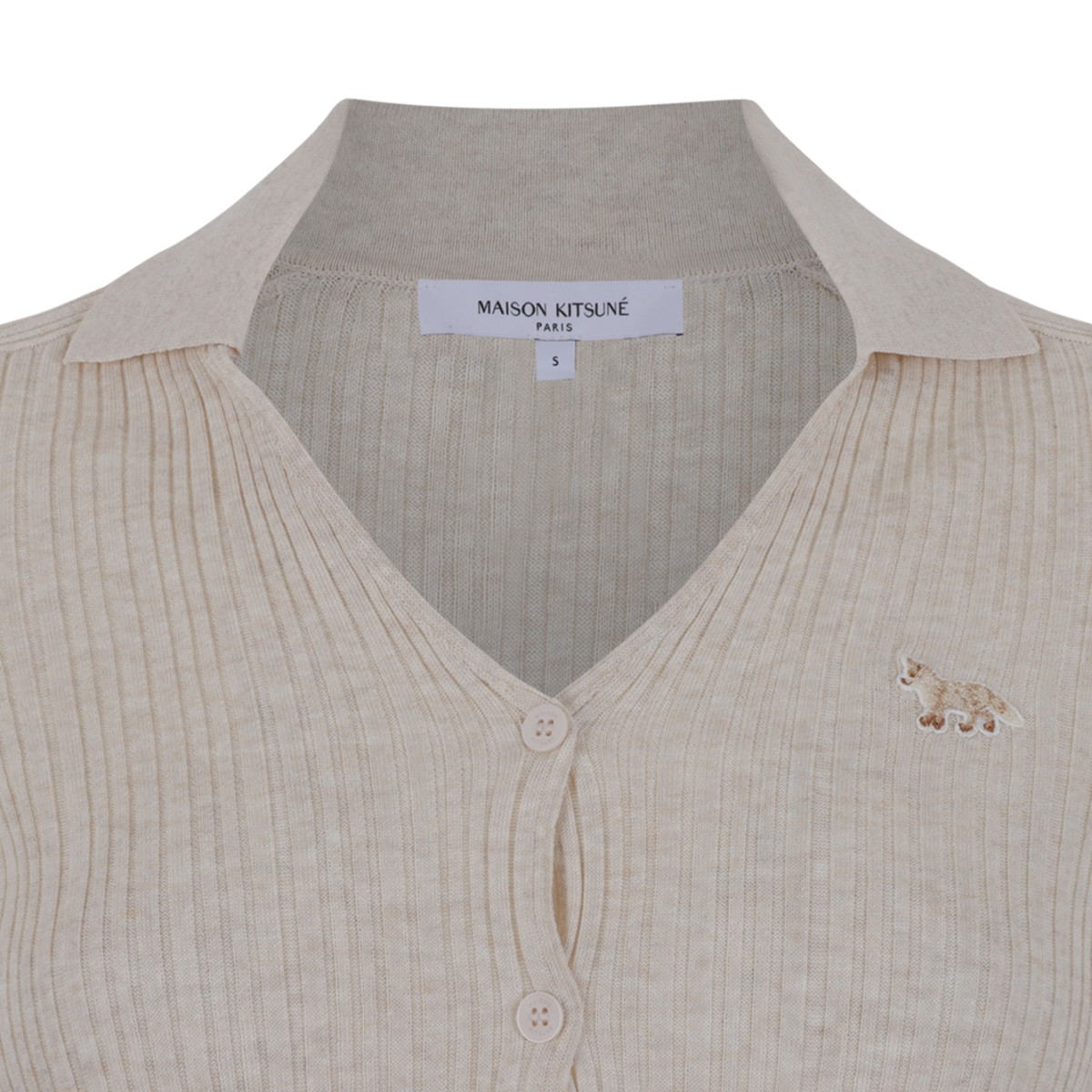 Maison Kitsun Beige Knit Cardigan with Fox Embroidery.