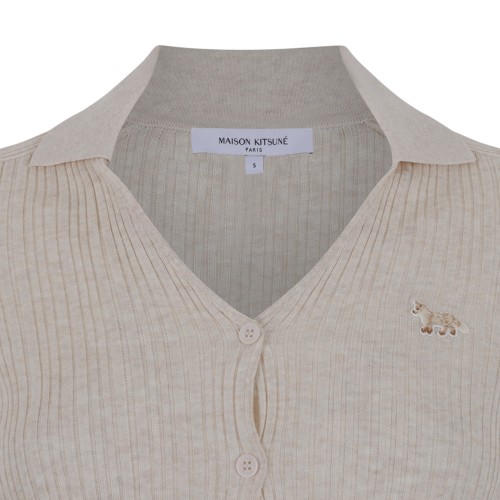 Maison Kitsun Beige Knit Cardigan with Fox Embroidery.