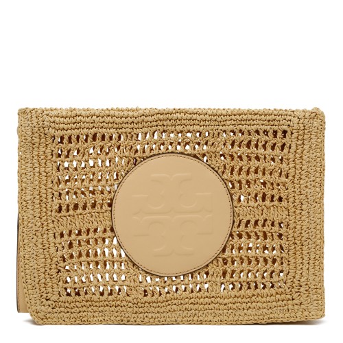 Tory Burch Beige Crochet Pouch with Logo Detail.