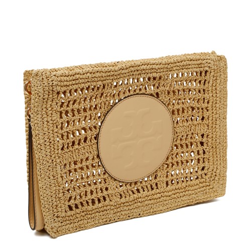 Tory Burch Beige Crochet Pouch with Logo Detail.