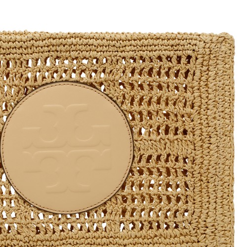 Tory Burch Beige Crochet Pouch with Logo Detail.