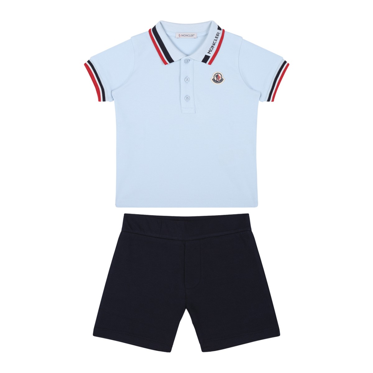 Moncler Kids Light Blue Polo and Navy Shorts Set.