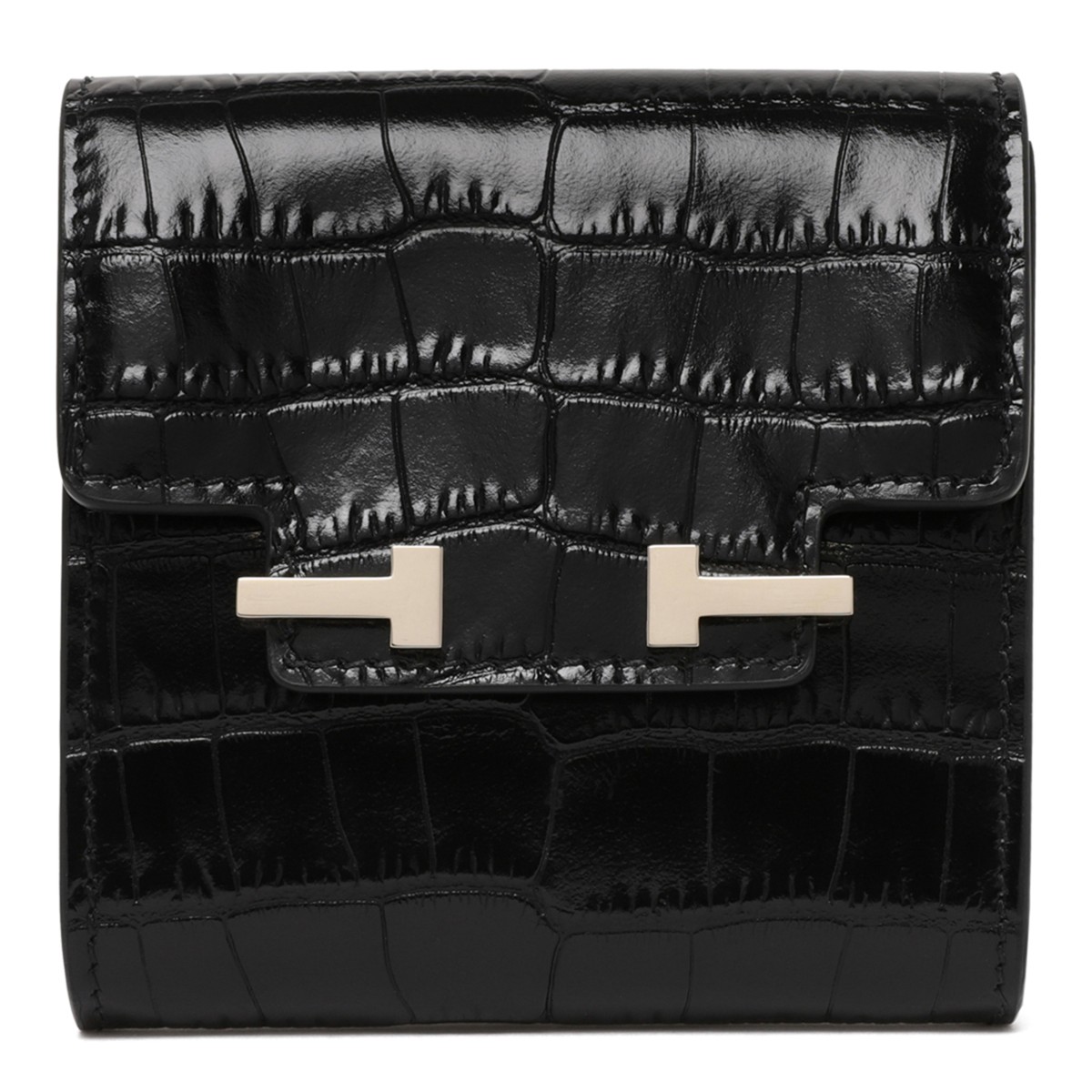 Tom Ford Black Croc-Embossed Leather Wallet with T-Bar Closure.