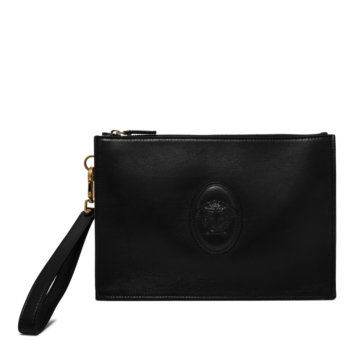 Versace Black Leather Medusa Wristlet Pouch.