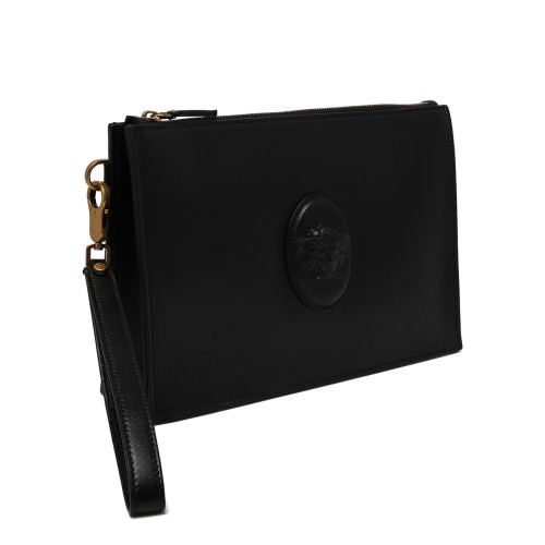 Versace Black Leather Medusa Wristlet Pouch.