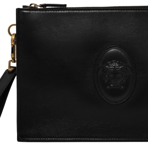 Versace Black Leather Medusa Wristlet Pouch.