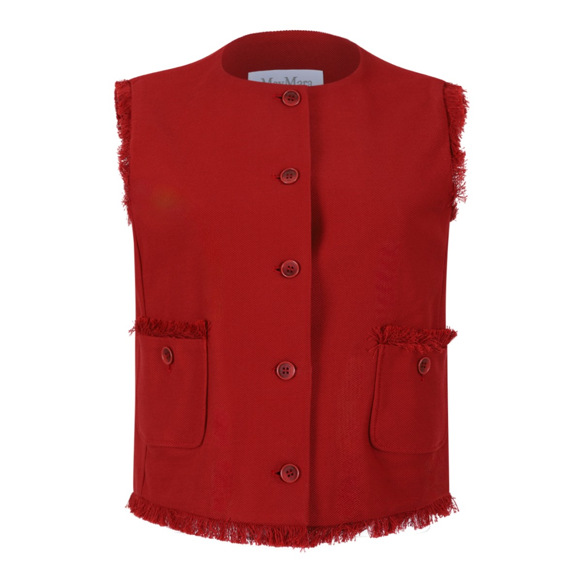 Max Mara Red Sleeveless Frayed-Edge Vest.