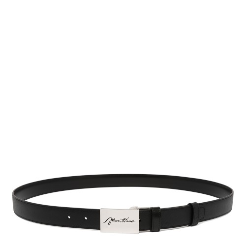 Montblanc Black Leather Belt with Signature Buckle.