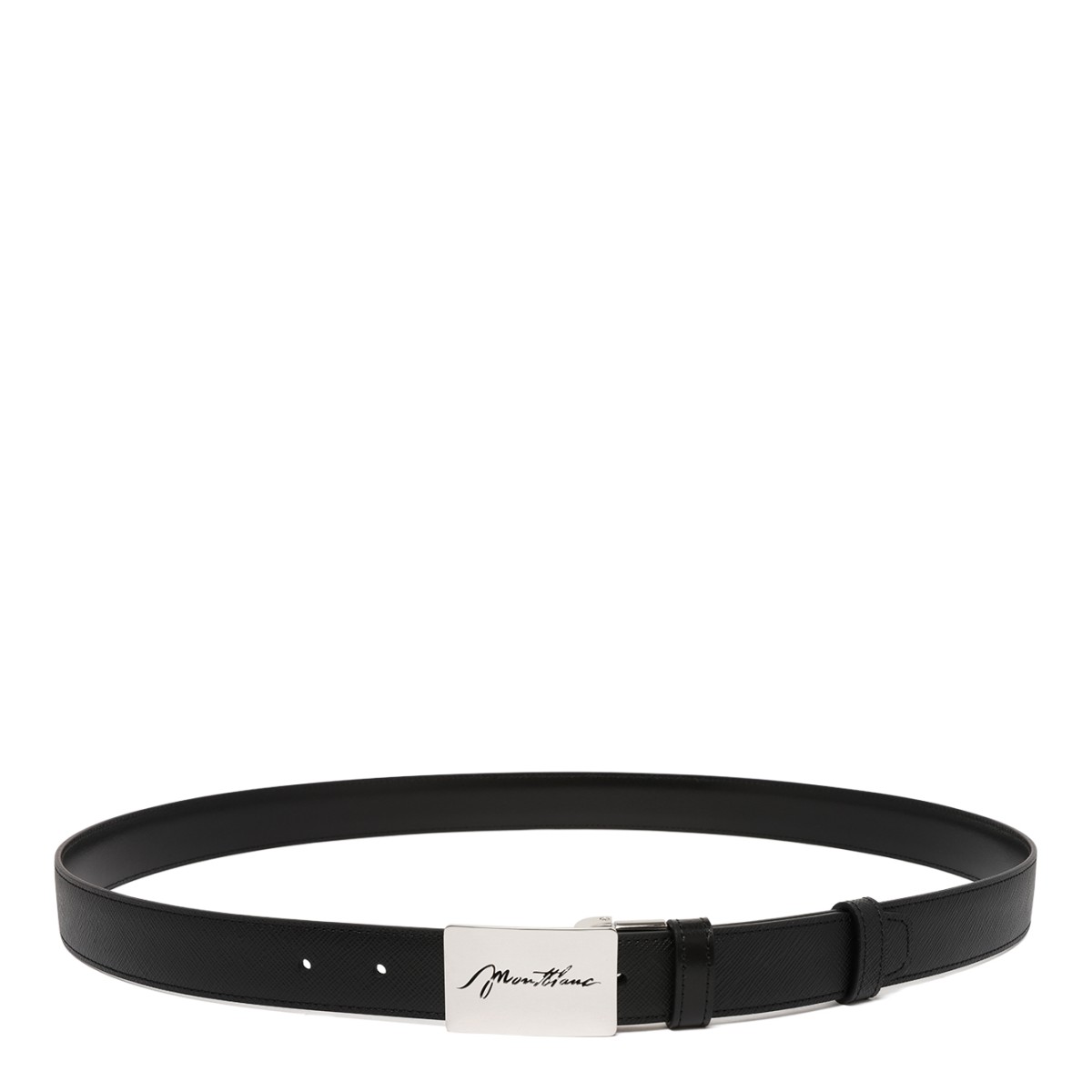 Montblanc Black Leather Belt with Signature Buckle.