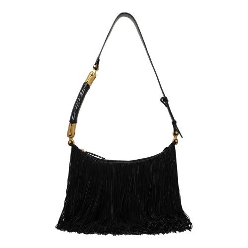 Balmain Black Fringe Shoulder Bag with Gold Hardware.