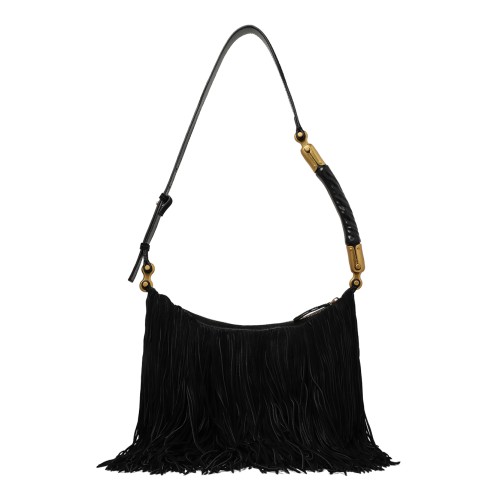 Balmain Black Fringe Shoulder Bag with Gold Hardware. 2