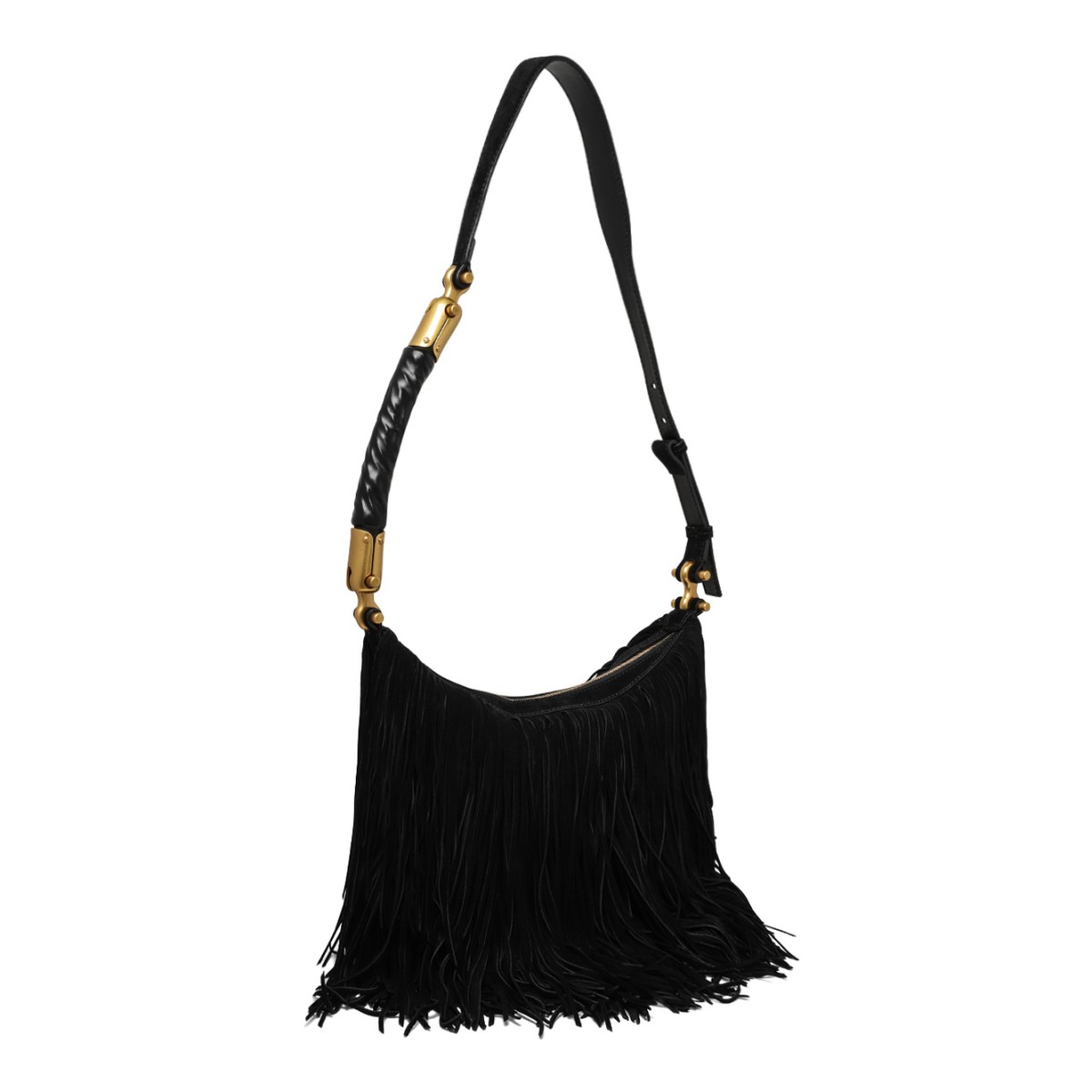 Balmain Black Fringe Shoulder Bag with Gold Hardware.