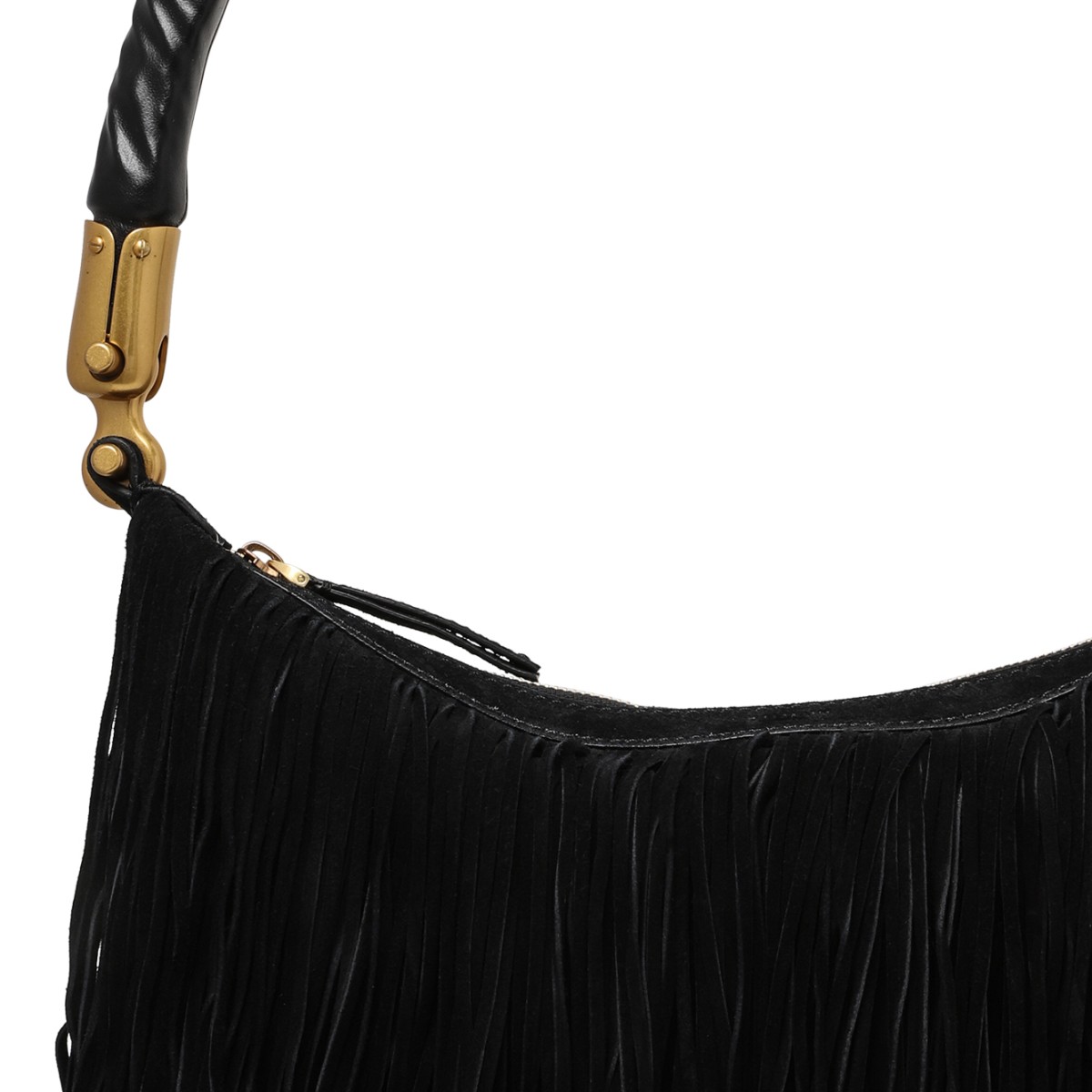Balmain Black Fringe Shoulder Bag with Gold Hardware.