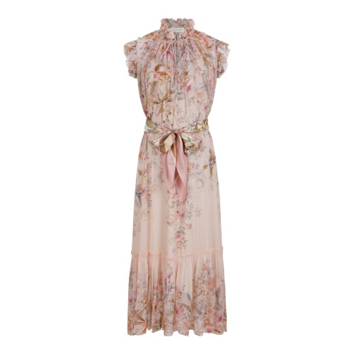 Zimmermann Ivory Floral Ruffled Silk Midi Dress with Bow Detail.
