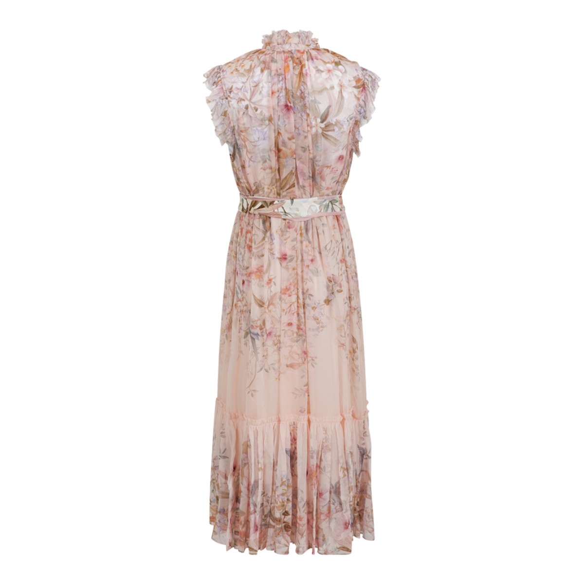Zimmermann Ivory Floral Ruffled Silk Midi Dress with Bow Detail.