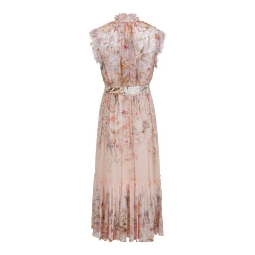 Zimmermann Ivory Floral Ruffled Silk Midi Dress with Bow Detail.
