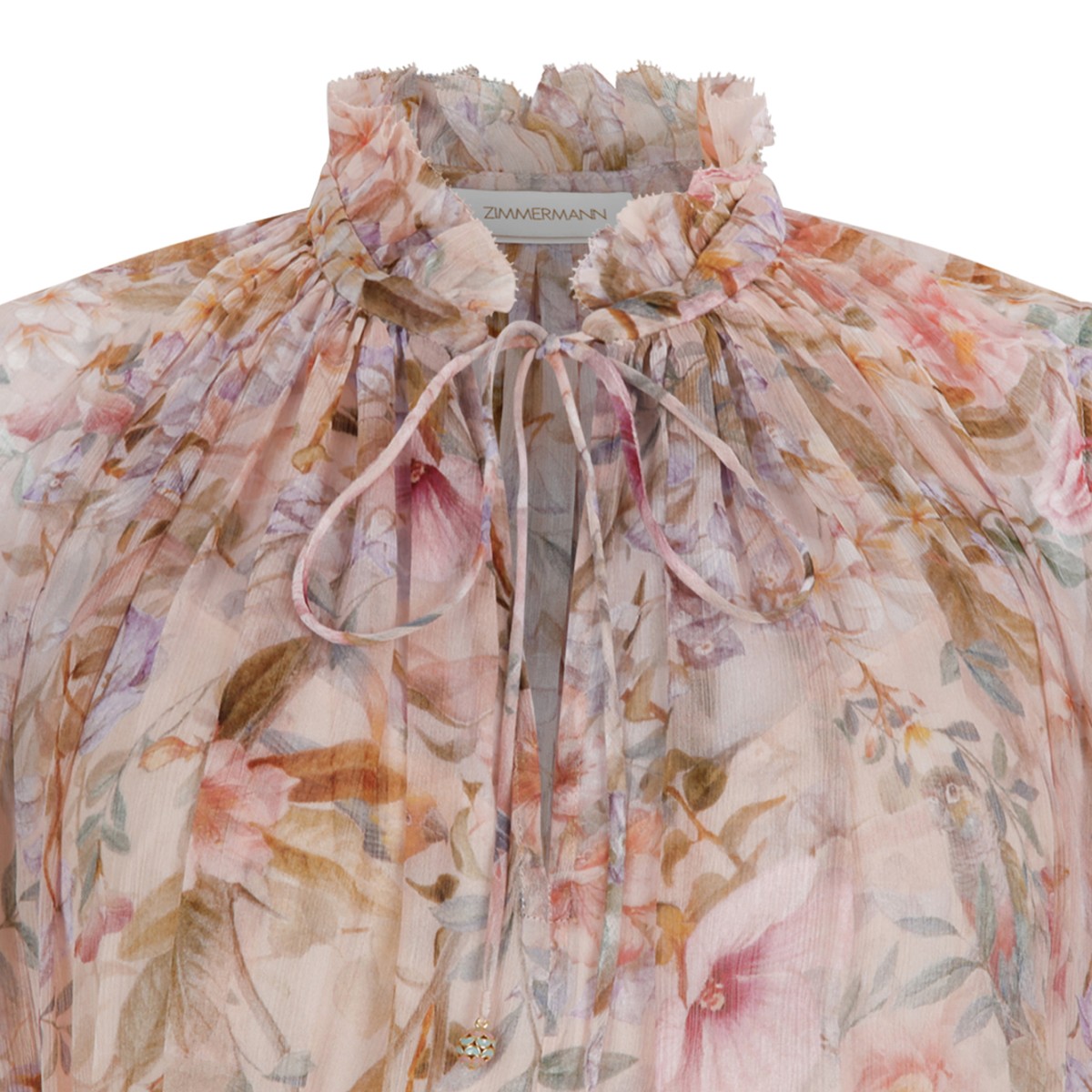 Zimmermann Ivory Floral Ruffled Silk Midi Dress with Bow Detail.