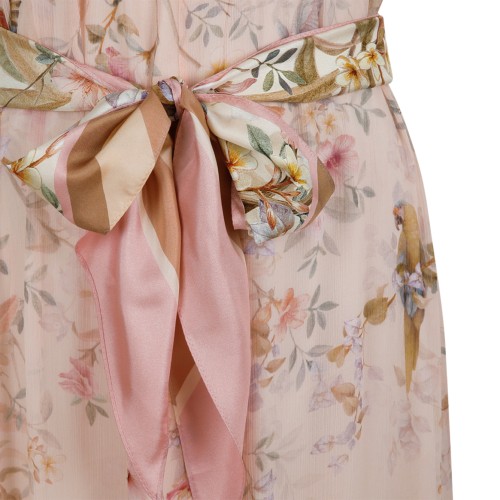 Zimmermann Ivory Floral Ruffled Silk Midi Dress with Bow Detail.