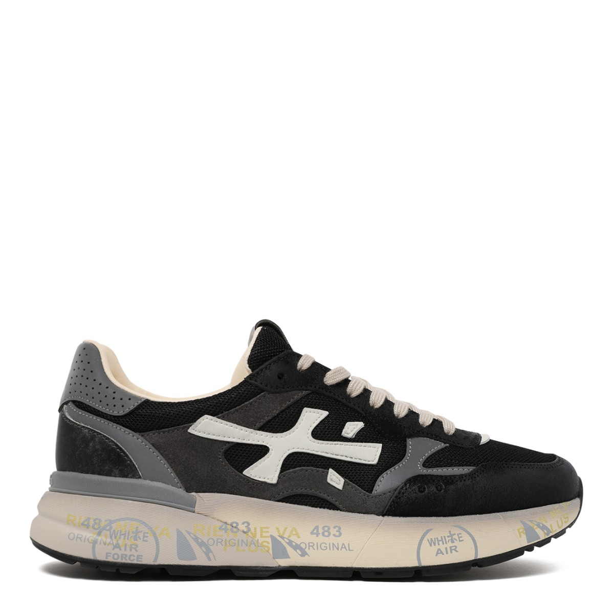 Premiata Black and Grey Leather Sneakers with Graphic Sole.