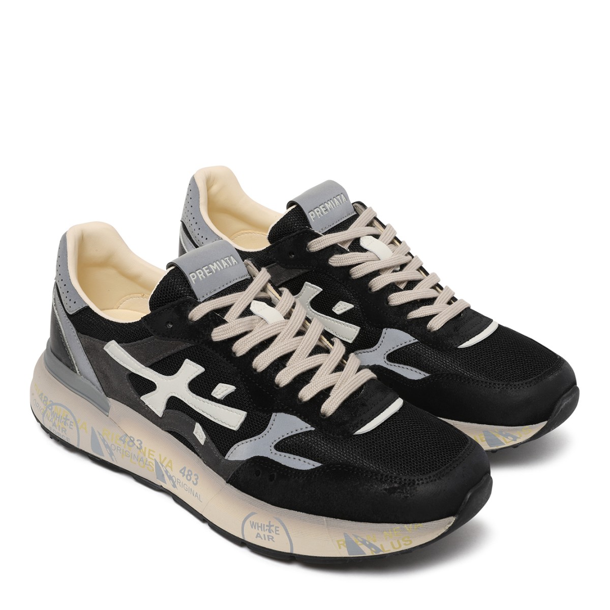 Premiata Black and Grey Leather Sneakers with Graphic Sole.