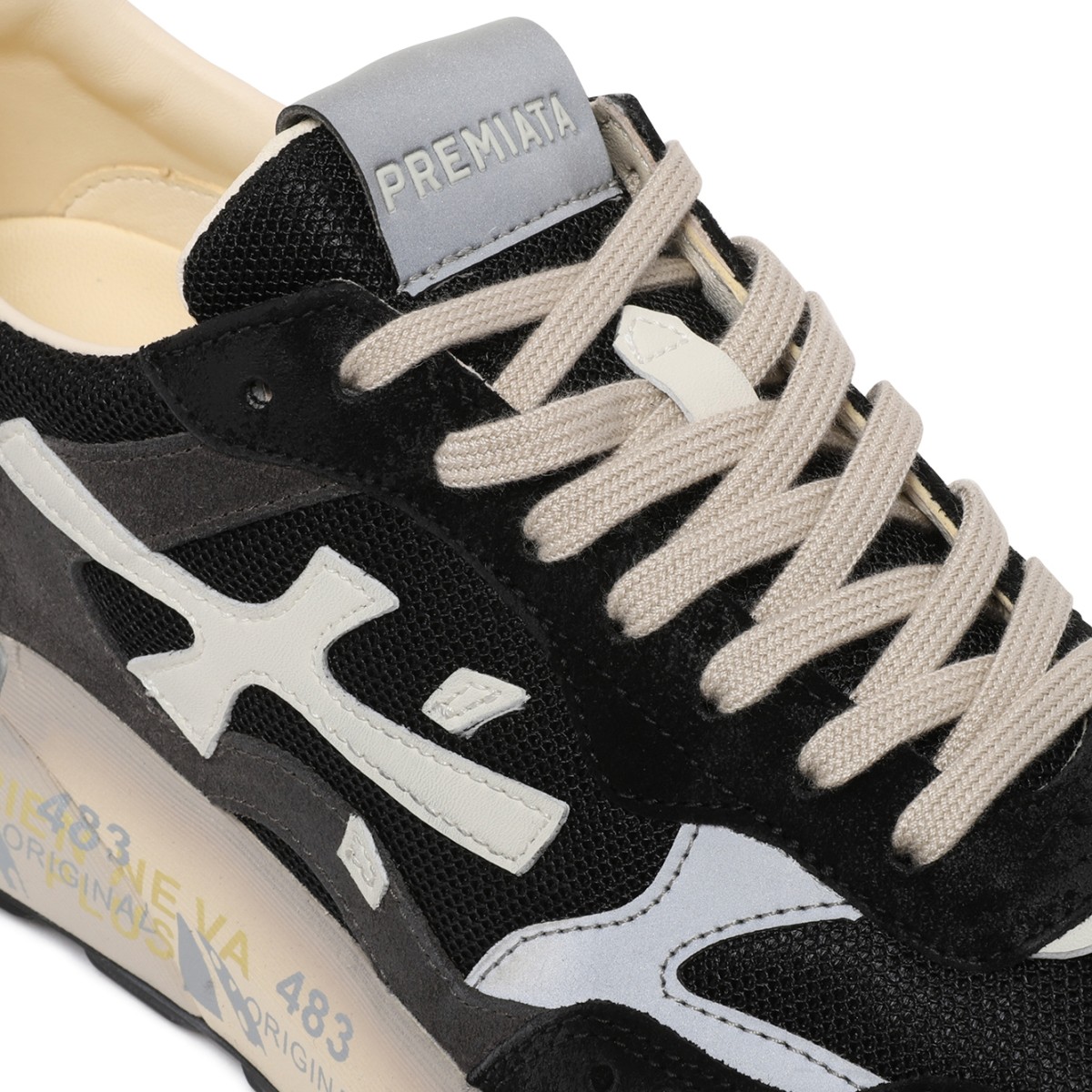 Premiata Black and Grey Leather Sneakers with Graphic Sole.
