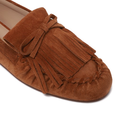 Stuart Weitzman Brown Suede Fringe Loafers.