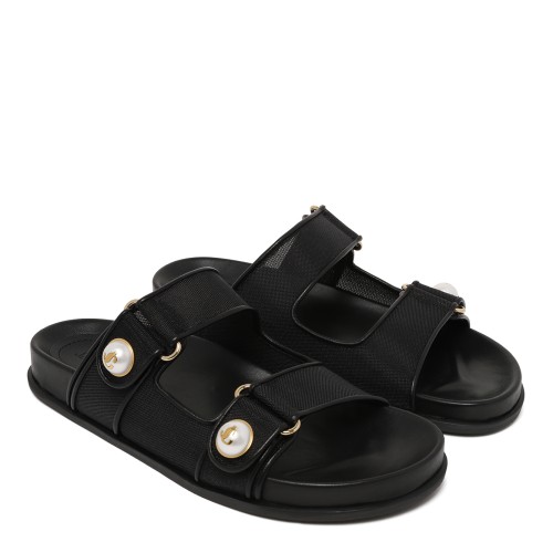 Jimmy Choo Black Leather Double Strap Slides with Pearl Detail. 2