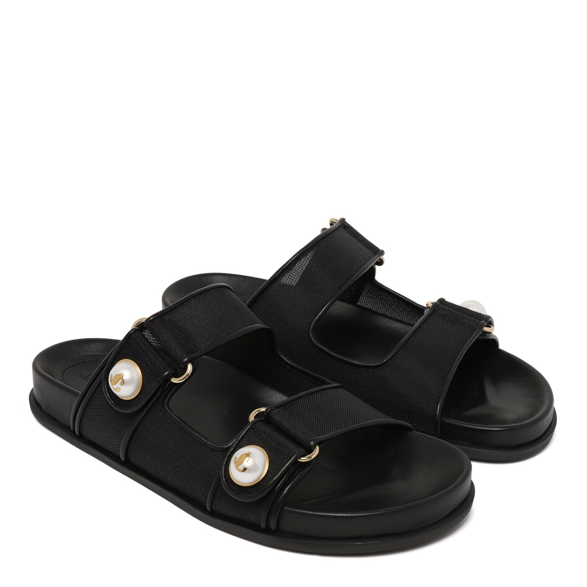 Jimmy Choo Black Leather Double Strap Slides with Pearl Detail.