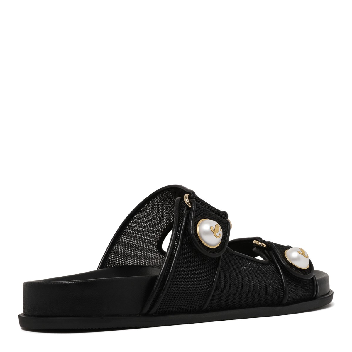 Jimmy Choo Black Leather Double Strap Slides with Pearl Detail.