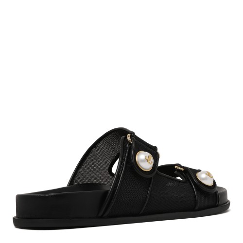 Jimmy Choo Black Leather Double Strap Slides with Pearl Detail.