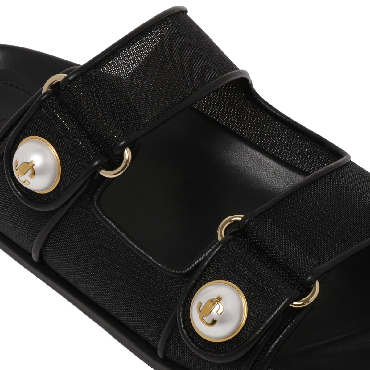 Jimmy Choo Black Leather Double Strap Slides with Pearl Detail.
