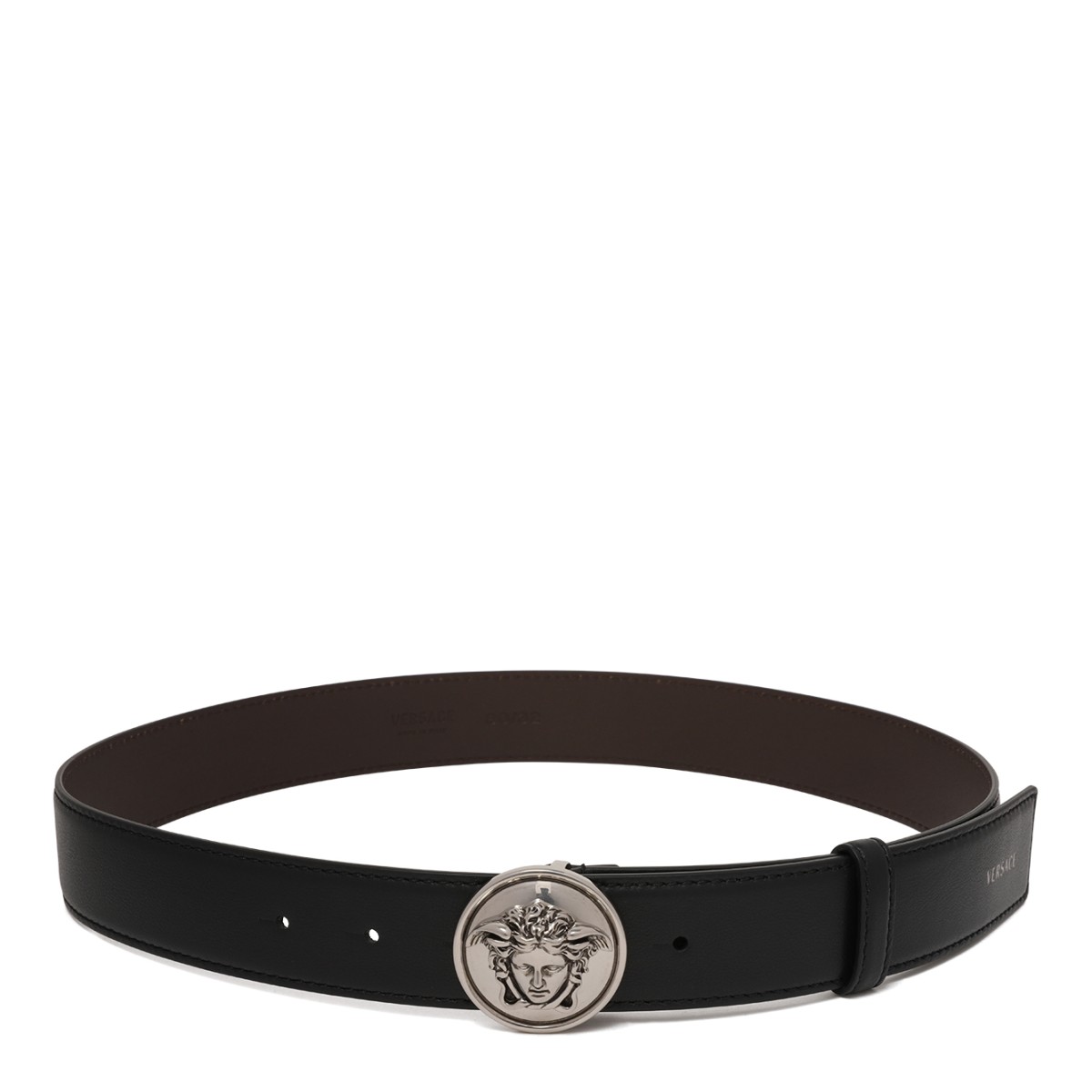 Versace Black Leather Belt with Medusa Buckle.