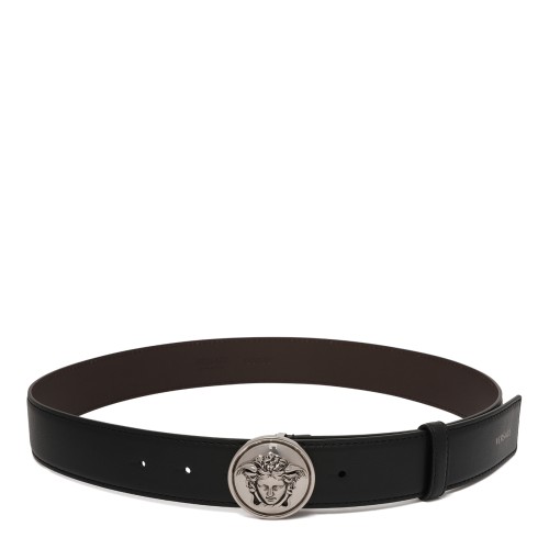 Versace Black Leather Belt with Medusa Buckle.