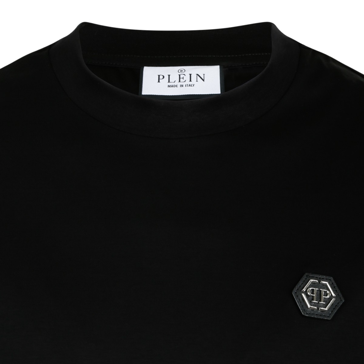 Philipp Plein Black Cotton T-Shirt with Logo Patch.