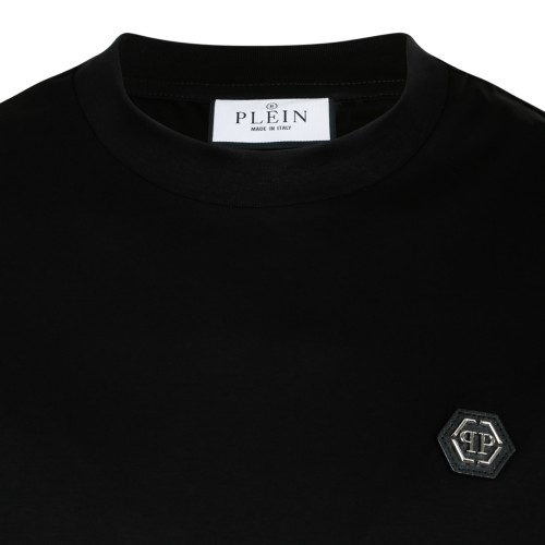 Philipp Plein Black Cotton T-Shirt with Logo Patch.