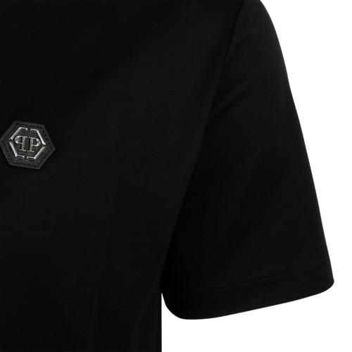 Philipp Plein Black Cotton T-Shirt with Logo Patch.