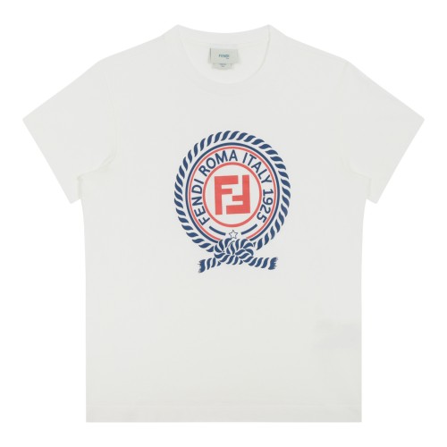 Fendi Kids White Logo Print Cotton T-Shirt.