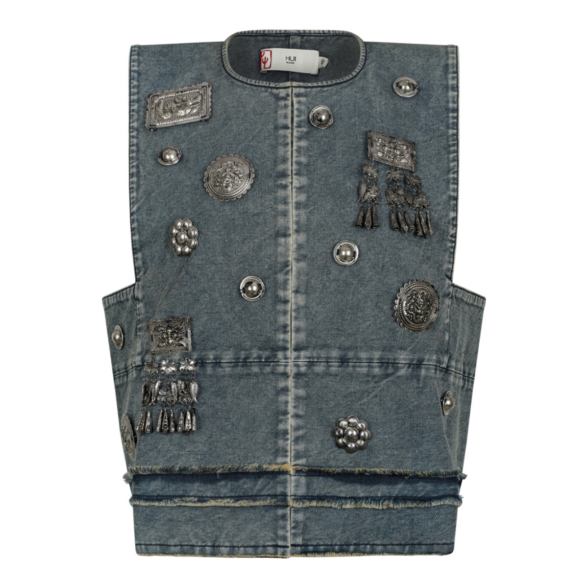 Hui Milano Blue Denim Embellished Sleeveless Jacket.