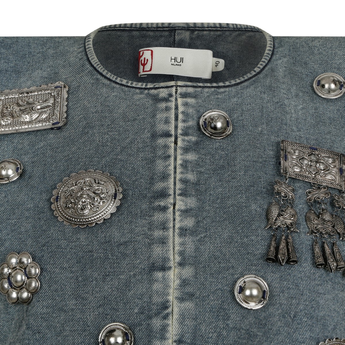 Hui Milano Blue Denim Embellished Sleeveless Jacket.