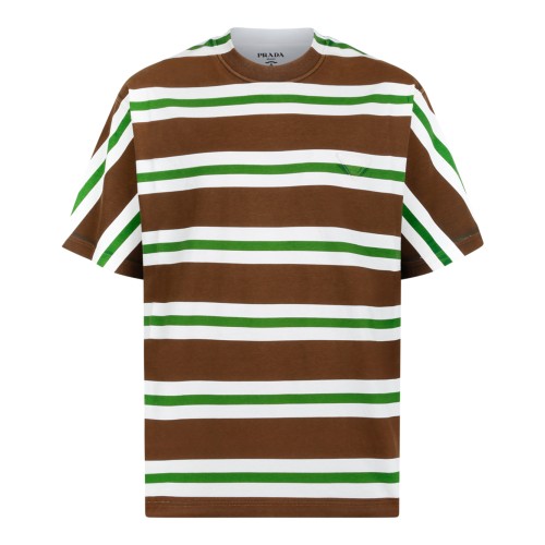 Prada Brown and Green Striped Cotton T-Shirt.