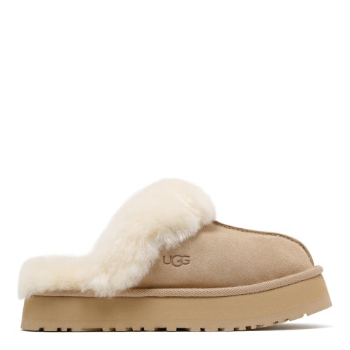 UGG Sand Suede Platform Slippers with Shearling Trim. 