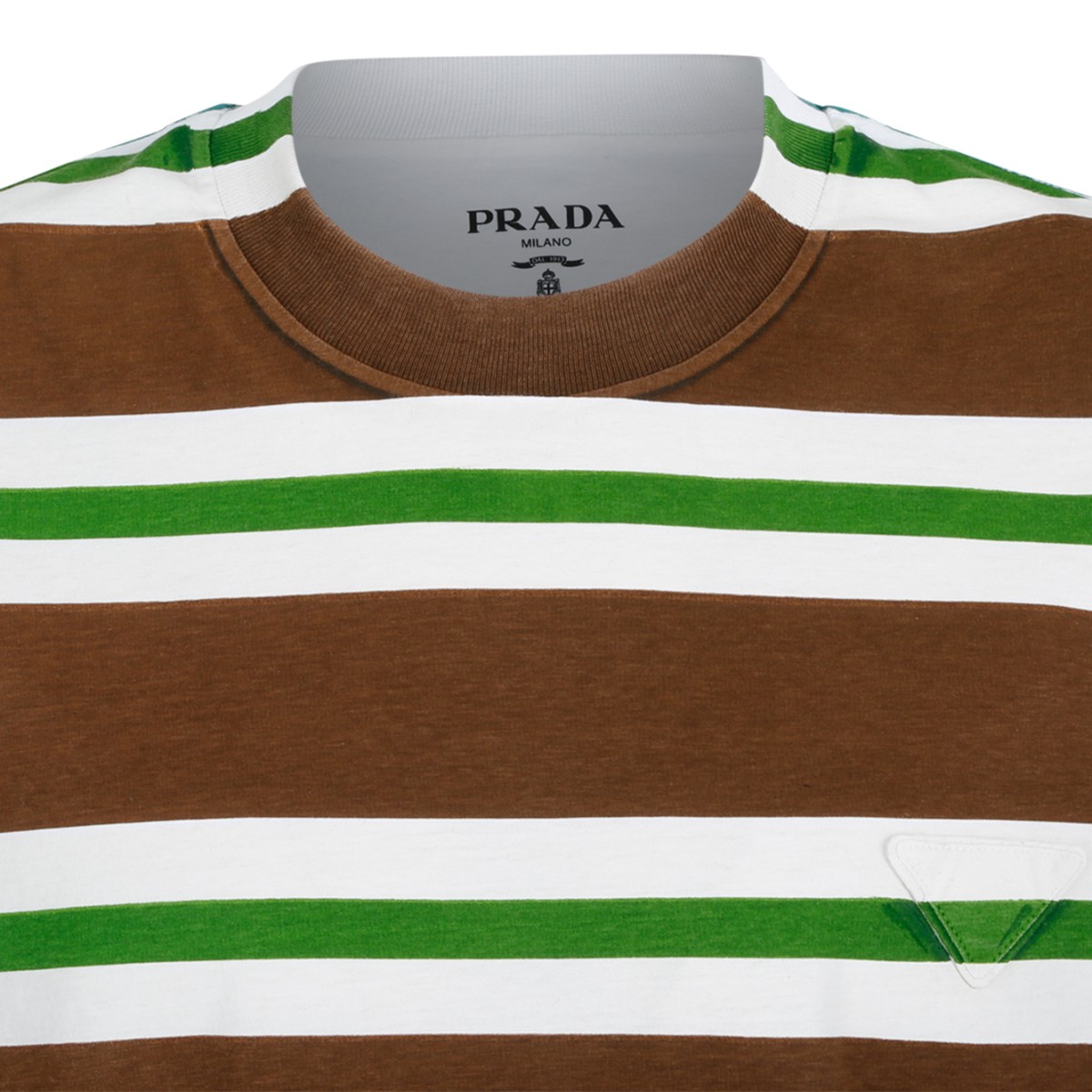 Prada Brown and Green Striped Cotton T-Shirt.