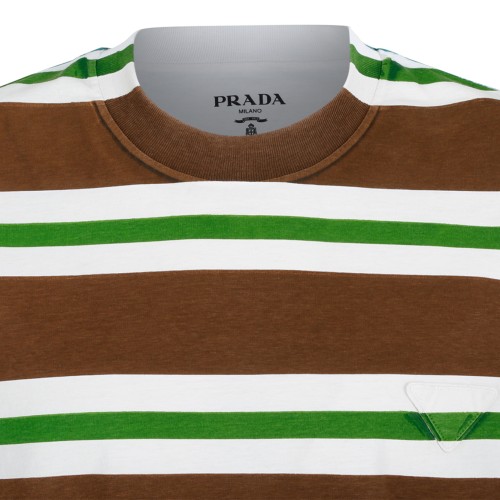 Prada Brown and Green Striped Cotton T-Shirt.