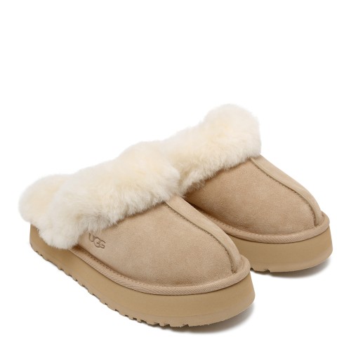 UGG Sand Suede Platform Slippers with Shearling Trim.  2